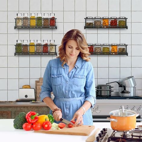 Kitchen Spice Rack, Metal Spice Rack No Drilling, Wall Mounted Spice Rack for Kitchen, Spice Holder for Spice Pots, Pantry, Kitchen Cabinet, Accessories, 29 x 6 x 6 cm (Black, 2 Pack)