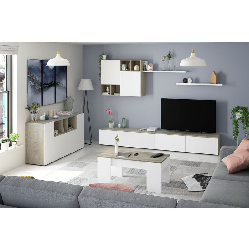 Ensemble meuble TV mural L170cm Polmao Chêne et Blanc