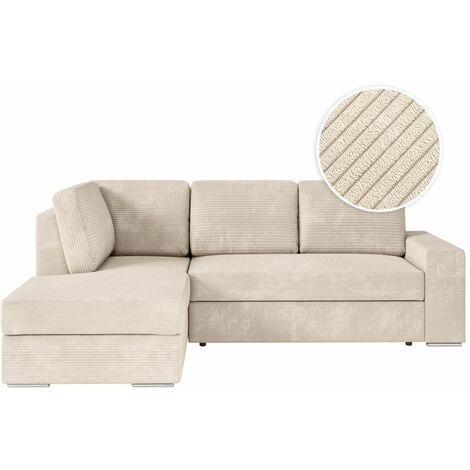 Loungitude – Canapé d'angle convertible avec coffre en velours côtelé – Beige – 3 places – Dimensions 246x174x96cm – Angle gauche (1/5)
