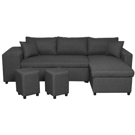 Canapé d'angle réversible OSLO avec coffre et poufs gauche - Tissu gris foncé (1/5)