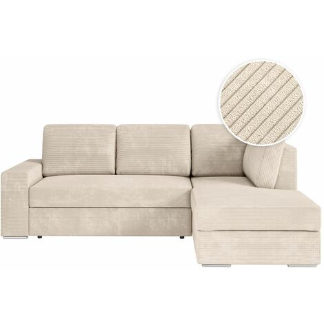 Loungitude – Canapé d'angle convertible avec coffre en velours côtelé – Beige – 3 places – Dimensions 246x174 cm – Angle droit – Fabrication européenne (1/5)