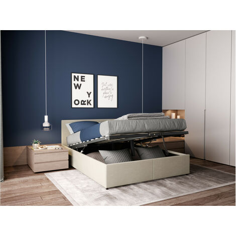 Cadre de lit EDGAR avec sommier relevable à lattes en tissu - Beige, Largeur - 140 cm