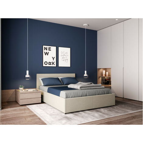 Cadre de lit EDGAR avec sommier relevable à lattes en tissu - Beige, Largeur - 140 cm