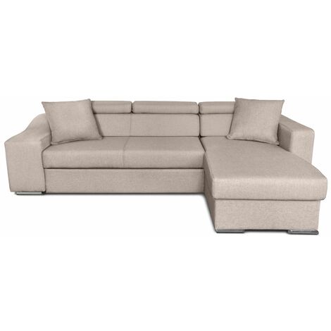 Loungitude – Canapé d'angle convertible 4 places en tissu beige – Méridienne réversible – Coffre de rangement – Dimensions 264 x 162 x 75 cm (1/6)