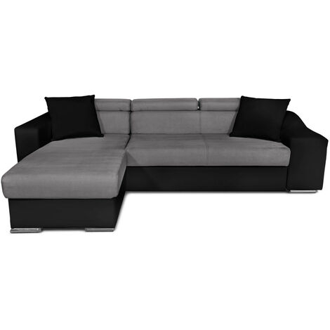 Canapé d'angle ELONA convertible bi-matière Gris et Noir avec poufs de rangement à droite (1/5)