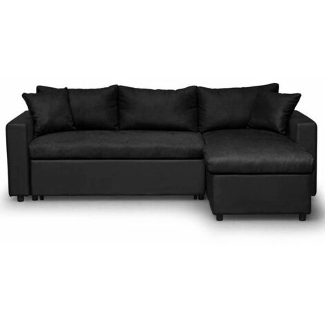 Loungitude – Canapé d'angle convertible réversible avec coffre de rangement – Revêtement microfibre noir – Dimensions 223 x 148 x 81 cm (1/5)