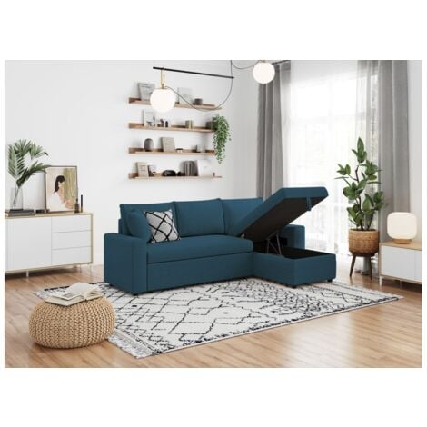 Canapé d'angle MARIA Réversible et Convertible avec Coffre en tissu - Bleu canard