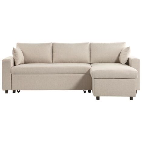 Loungitude – Canapé d'angle convertible réversible avec coffre de rangement – Tissu beige – Dimensions 223x148x81cm – Couchage 135x195cm