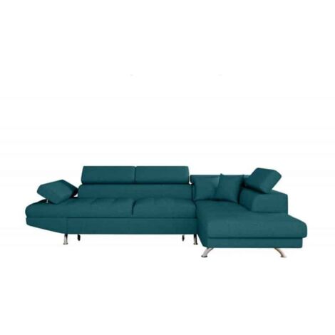 Loungitude – Canapé d'angle convertible 5 places avec coffre de rangement – Accoudoir réglable – Couchage 135 x 195 cm – Tissu bleu – Fabrication européenne (1/5)