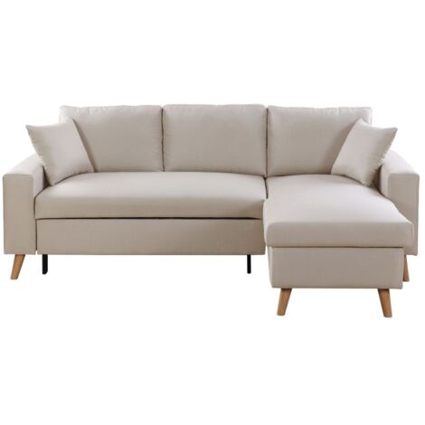 Usinestreet – Canapé d'angle réversible convertible en tissu beige – Design scandinave moderne – Coffre de rangement – Dimensions 229x146x91cm (1/5)