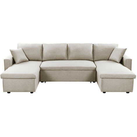 Usinestreet – Canapé d'angle panoramique convertible 6 places – 295x146 cm – 2 coffres de rangement – Tissu beige moderne