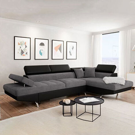 Canapé d'angle RIO convertible 5 places avec coffre de rangement – Microfibre et simili – Dimensions 271 x 192 x 70/85 cm – Angle droit, gris et noir – Usinestreet