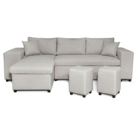 Canapé d'angle réversible MADY avec coffre, accoudoir étagère et poufs gauche en tissu beige (1/5)