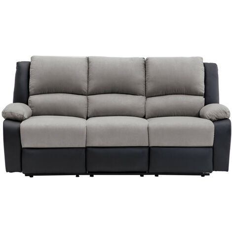 Canapé de relaxation électrique 3 places en microfibre et simili – Inclinaison jusqu'à 170° – Noir et gris – Confort optimal – Usinestreet