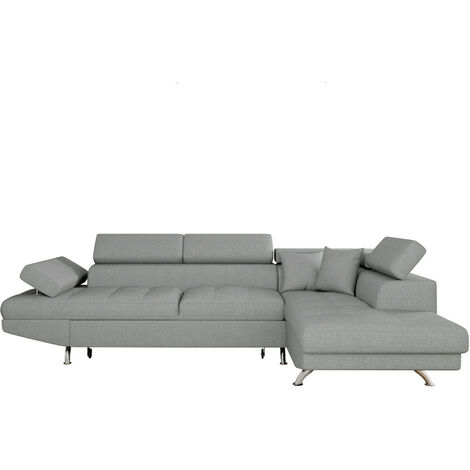 Loungitude – Canapé d'angle convertible avec coffre de rangement – 5 places – Dimensions 271x192 cm – Tissu gris clair – Accoudoir réglable et appui-têtes ajustables (1/10)