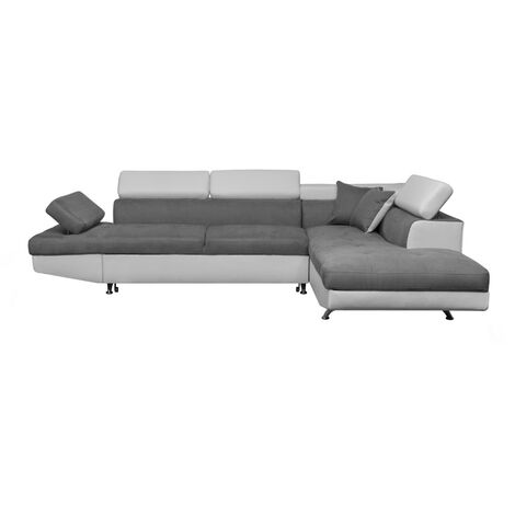 Usinestreet – Canapé d'angle convertible avec coffre de rangement – 5 places – Accoudoirs réglables – Dimensions 271 x 192 cm – Microfibre blanc et gris (1/5)