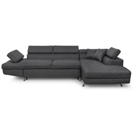 Loungitude – Canapé d'angle convertible 5 places avec coffre de rangement – Dimensions 271 x 192 x 70/85 cm – Tissu gris foncé – Accoudoirs réglables (1/5)