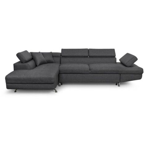 Loungitude – Canapé d'angle convertible avec coffre de rangement – 5 places – Tissu gris foncé – Méridienne large – Accoudoirs et têtières réglables (1/5)
