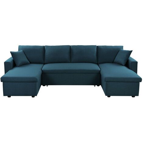 Canapé d'angle panoramique convertible 6 places – 295x146x81 cm – 2 coffres de rangement – Tissu bleu pétrole – Usinestreet (1/10)