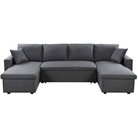 Usinestreet – Canapé d'angle panoramique convertible 6 places – 295 x 146 x 81 cm – 2 coffres de rangement – Revêtement tissu gris foncé