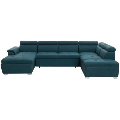 Usinestreet – Canapé d'angle panoramique convertible en tissu bleu – Dimensions 320,5 x 188 x 90 cm – Coffre de rangement intégré – Confort optimal (1/5)