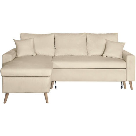 Canapé d'angle MARIA SCANDINAVE VELOURS réversible et convertible avec coffre - Beige (1/5)