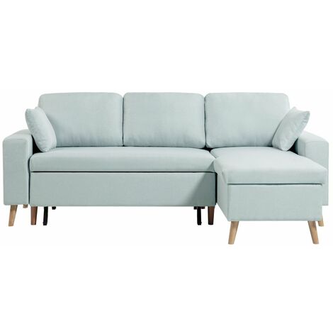 Usinestreet – Canapé d'angle réversible convertible 223x148 cm – Coffre de rangement – Dossier coussins – Pieds en bois – Bleu clair (1/10)