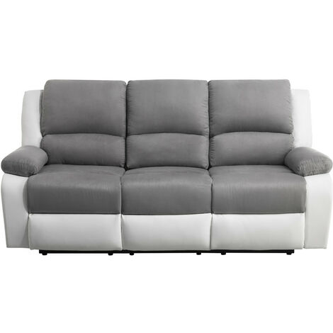 Canapé de relaxation électrique 3 places – Microfibre et simili – Inclinaison jusqu'à 170° – Confort optimal – Blanc et gris – Usinestreet