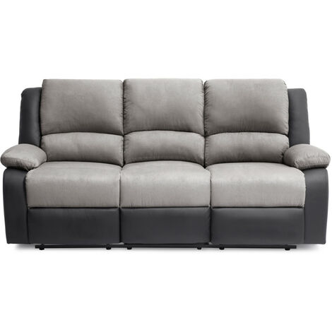 Loungitude – Canapé relax 3 places en microfibre et simili – Inclinaison jusqu'à 170° – Repose-pieds relevable – Confort optimal – Gris et noir