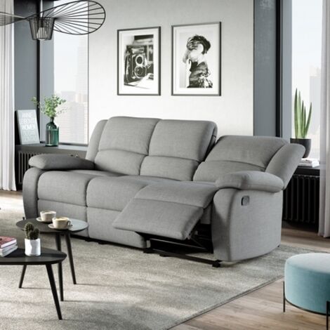 Loungitude – Canapé relaxation 3 places en tissu gris clair – Dimensions 193 x 93 x 96 cm – Dossier inclinable jusqu'à 170° – Confort optimal pour se détendre