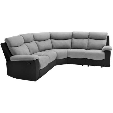Loungitude – Canapé panoramique relax manuel en tissu microfibre gris et PU noir – Dossier inclinable – Dimensions 238x238x99 cm – 3 places confortables (1/5)