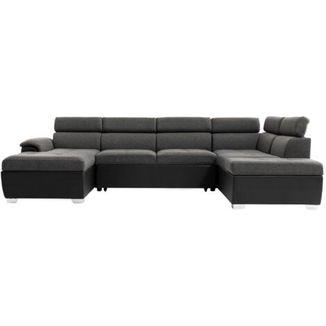 Canapé d'angle Panoramique PAOLA Convertible en Simili et Tissu - Gris et Noir (1/5)