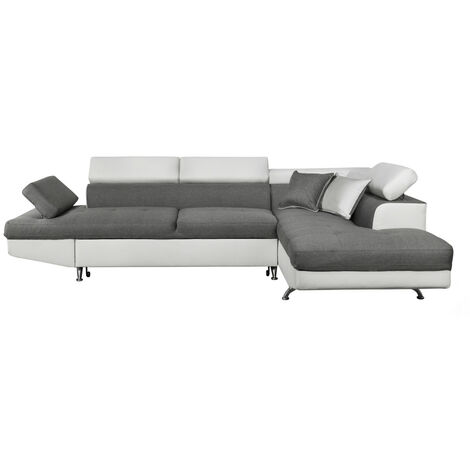 Loungitude – Canapé d'angle convertible avec coffre de rangement – 5 places – Dimensions 271x192 cm – Tissu et simili – Angle droit – Blanc et gris (1/10)