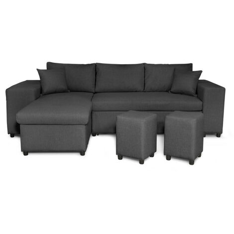 Canapé d'angle réversible MADY avec coffre, accoudoir étagère et poufs droit en tissu gris foncé (1/5)