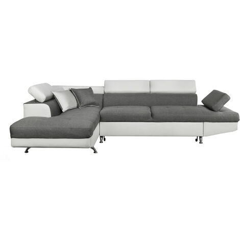 Canapé d'angle RIO Convertible avec coffre en tissu et simili - Angle Gauche, Blanc et gris (1/5)