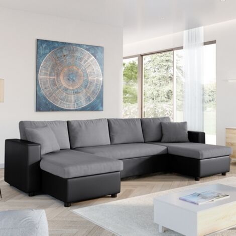 Loungitude – Canapé d'angle panoramique convertible 6 places – Revêtement microfibre et simili – Coffres de rangement intégrés – Gris et noir