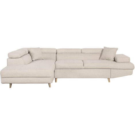 Canapé d'angle gauche convertible RIO Scandinave avec coffre en tissu - Beige, Pieds bois (1/5)
