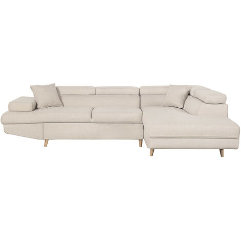 Loungitude – Canapé d'angle convertible scandinave avec coffre en tissu – 5 places – Dimensions 271x192 cm – Beige – Pieds en bois clair (1/7)