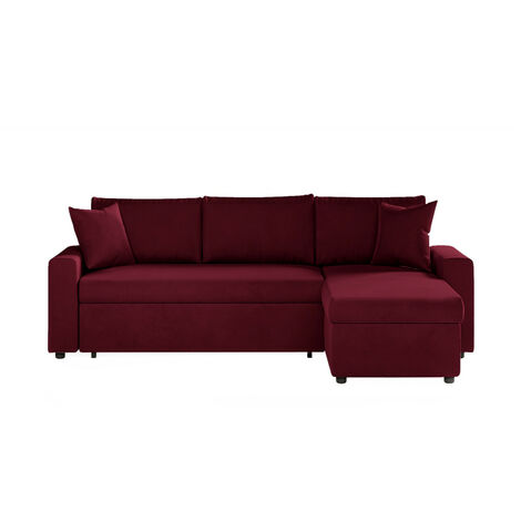 Loungitude – Canapé d'angle convertible réversible avec coffre en velours – Couchage 135 x 195 cm – Dimensions 223 x 148 x 81 cm – Bordeaux (1/5)