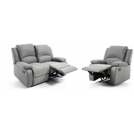 Loungitude – Ensemble canapé relax manuel 2 places – Fauteuil manuel en microfibre – Confort optimal – Gris – Dimensions canapé 143x93x96 cm
