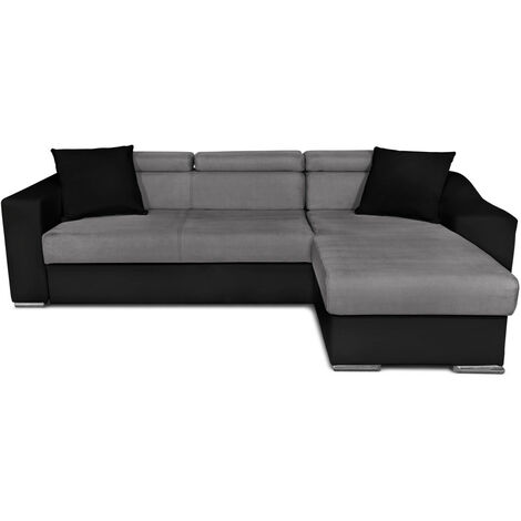 Canapé d'angle ELONA convertible bi-matière Gris et Noir avec poufs de rangement à gauche (1/5)