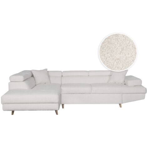 Canapé d'angle gauche convertible RIO Scandinave avec coffre en tissu bouclettes - Blanc, Pieds bois (1/5)