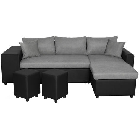 Canapé d'angle réversible OSLO avec coffre et poufs gauche - Bi-matière (1/5)