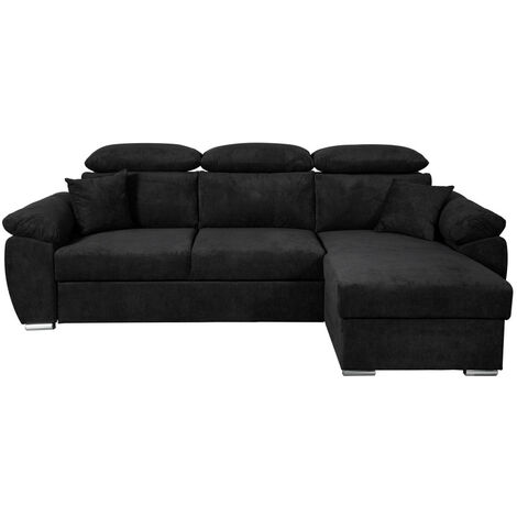 Canapé d'angle KOMO Reversible et Convertible avec coffre et têtières réglables en tissu - Noir (1/5)