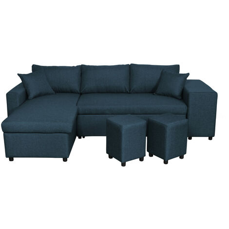 Canapé d'angle réversible OSLO avec coffre et poufs droit en tissu bleu (1/5)