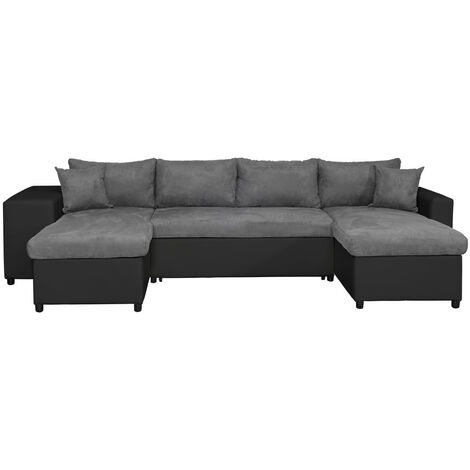 Canapé panoramique OSLO convertible avec coffres, poufs à droite en simili noir et microfibre grise