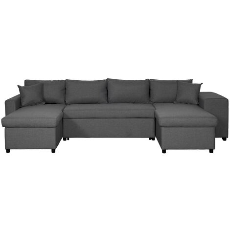 Canapé d'angle panoramique OSLO convertible avec coffres et poufs à droite en tissu - Gris foncé (1/5)