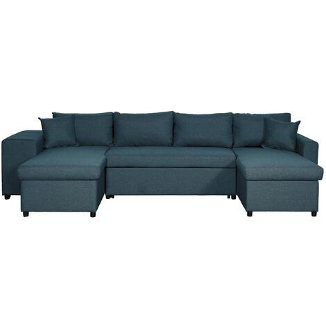 Canapé d'angle panoramique OSLO convertible avec coffres et poufs à gauche en tissu - Bleu pétrole (1/5)