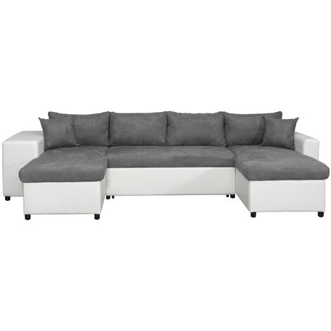 Canapé panoramique OSLO convertible avec coffres, poufs à gauche en simili blanc et microfibre grise