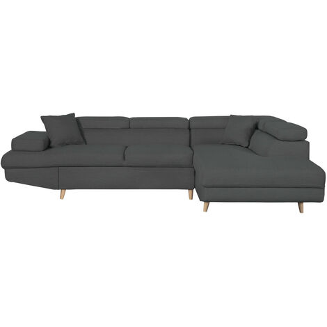 Canapé d'angle droit convertible RIO Scandinave avec coffre en tissu - Gris foncé, Pieds bois (1/5)